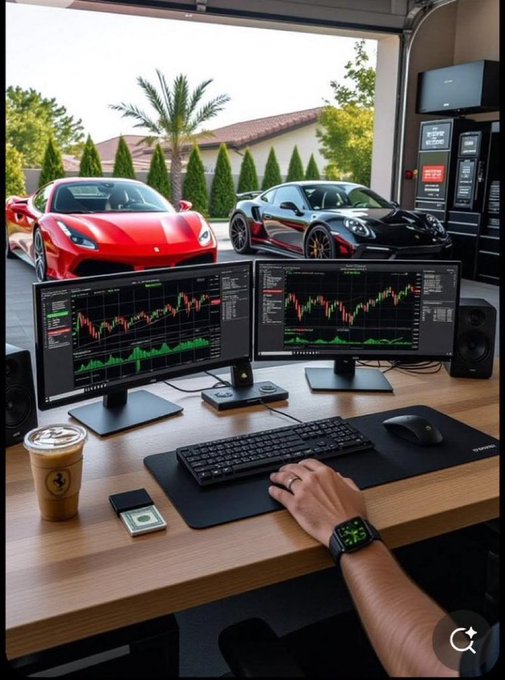 A trader's dual-monitor desk setup displaying candlestick charts, with luxury sports cars (red and black) visible in the garage behind.