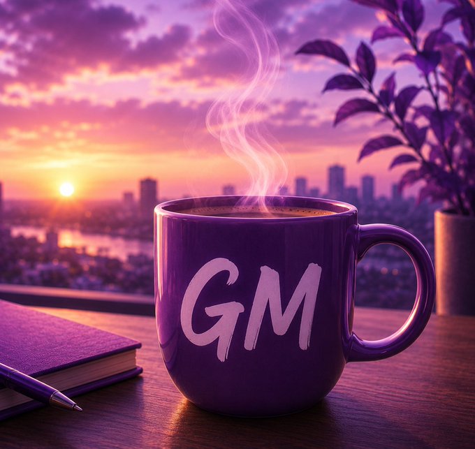 A stylized purple-toned image of a steaming coffee mug with 'GM' written on it, sitting on a table with a notebook and pen, set against a sunset cityscape backdrop with a plant.