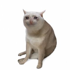 A cream-colored cat with wide, curious eyes and slightly open mouth sits against a plain white background.