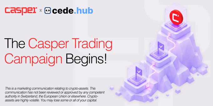 The image features an advertisement for Casper trading platform. The main focus of the advertisement is a 3D visualization of CSPR Trading Campaign, which includes a mountain with purple blocks connected by red lines symbolizing transactions between users. The caption below the image reads "The Casper Trading Campaign is live on @cedehub". This suggests that there's an ongoing campaign or event related to the trading platform, and it might be worth checking out for potential investment opportunities in CSPR trading.