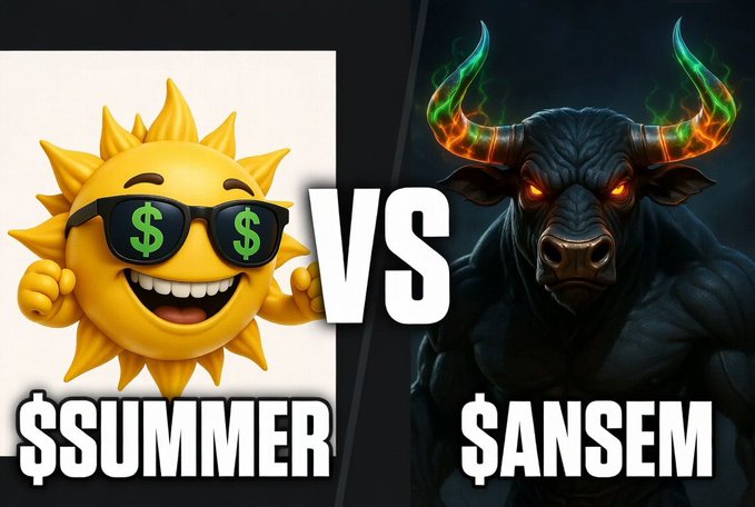 A meme-style graphic showing a cartoon sun character wearing dollar-sign sunglasses labeled '$SUMMER' versus a fiery dark bull character labeled '$ANSEM' with 'VS' between them.