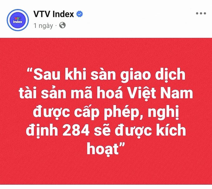 A screenshot of a social media post by VTV Index with a red background and white Vietnamese text stating: 'Sau khi sàn giao dịch tài sản mã hoá Việt Nam được cấp phép, nghị định 284 sẽ được kích hoạt'.