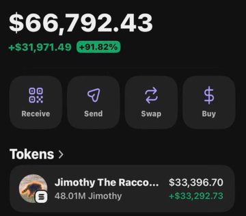 A crypto wallet dashboard displays a balance of $66,792.43, showing a gain of +$31,971.49 (+91.82%), with the largest holding being 48.01M Jimothy (Jimothy The Raccoon) tokens valued at $33,396.70, illustrating the substantial profits realized from the trader's $JIMOTHY investment as mentioned in the post.