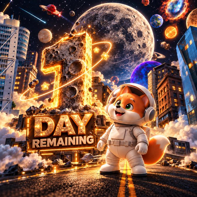 A cheerful fox in an astronaut suit stands before a glowing "1 DAY REMAINING" sign, with planets, stars, and a cityscape in the background—visually emphasizing the urgency of the KuKu Universe's final hours and the 100,000 USDT bounty.