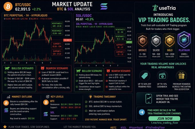 A 'Market Update' infographic analyzing BTC/USDC and SOL/USDC perpetual markets, including bullish/bearish scenarios, key trading levels, and an ad for Tria's VIP Trading Badges.