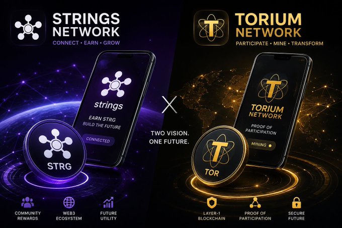 A promotional graphic showing two mobile phone displays side by side representing the partnership between **Strings Network ($STRG)** with the tagline "CONNECT • EARN • GROW" and **Torium Network ($TOR)** with the tagline "PARTICIPATE • MINE • TRANSFORM," unified by the central text "TWO VISION, ONE FUTURE." The image visually supports the post's announcement of Torium Network as a Layer-1 mobile mining project, highlighting key features like Proof of Participation, secure future, and its connection to the Web3 ecosystem.