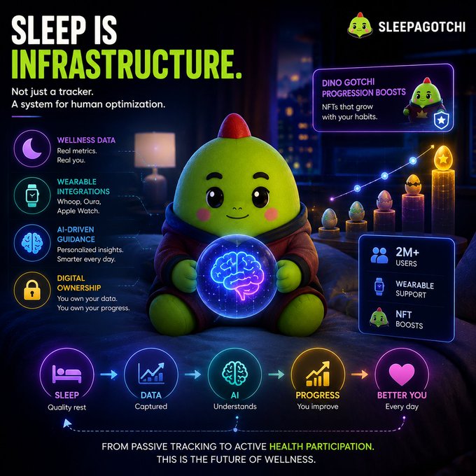 A green dinosaur character holds a blue ball with a red dot, surrounded by various icons and text promoting sleep and infrastructure.