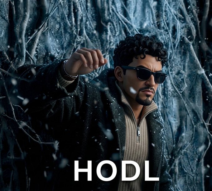 A stylized digital artwork depicts a man wearing sunglasses and a coat in a snowy forest setting, with the text 'HODL' prominently displayed, referencing the popular cryptocurrency term.