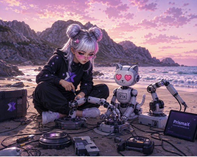 A stylized anime-like character with silver hair working on robot parts alongside a small white robot with heart-shaped pink eyes on a beach at sunset, with a laptop displaying 'PrismaX'.