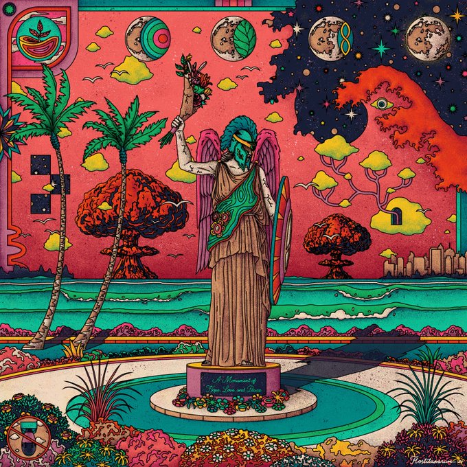 A vibrant, psychedelic illustration featuring a winged, robed statue with a bouquet of flowers and a shield, set against a surreal background of palm trees, mushroom clouds, moons, and an eye; text reads 'A Monument of Hope, Love, and Peace'.
