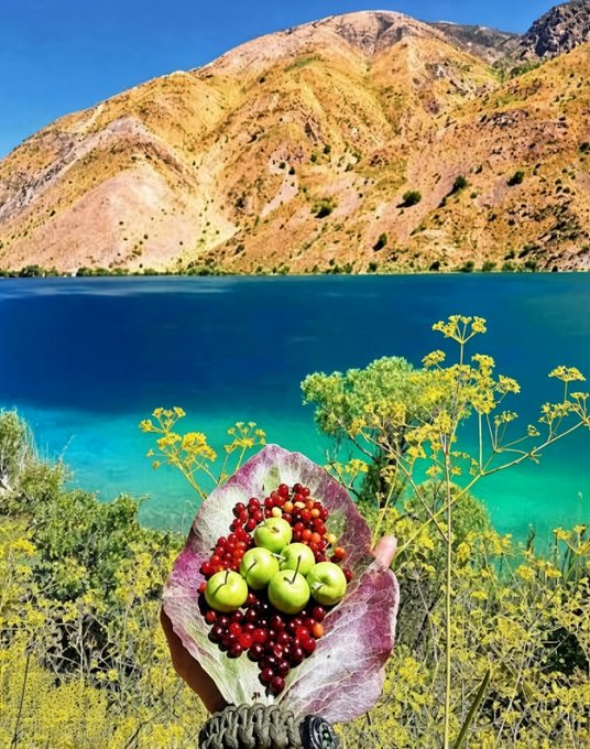 A scenic view of a turquoise lake surrounded by rocky mountains, with a hand holding a bundle of green apples and red berries wrapped in a leaf in the foreground.