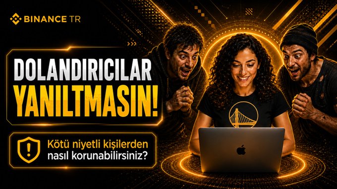 This image from Binance TR warns that "Scammers Should Not Be Misled!" and asks, "How can you protect yourself from malicious individuals?" It visually depicts people who appear to be the victims of scams, with a person in the center seemingly engrossed in a laptop while two others express distress in the background, all under the Binance TR logo.