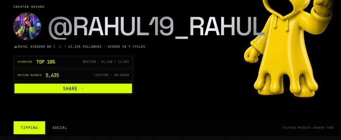 The image displays a "Creator Record" profile for user @RAHUL19_RAHUL showing a Motion Kingdom score of 5,410, ranking in the Top 10% (#41,140 of 36,519), with 5,635 Motion Burned earned, alongside a yellow abstract character figure. This profile screenshot illustrates the kind of $MOTION rewards and engagement metrics users can achieve by following the instructions to interact with @tipmotion content.