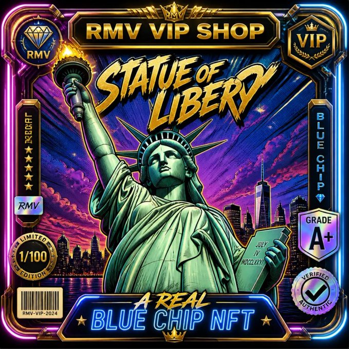 A vibrant NFT-style digital artwork titled 'STATUE OF LIBERTY' labeled as 'A REAL BLUE CHIP NFT' from 'RMV VIP SHOP', featuring the Statue of Liberty against a colorful city skyline with various badges and certification marks.
