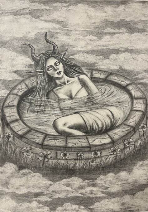 The image features a black and white illustration of a woman with horns, sitting inside an upside-down pool or basin surrounded by flowers. The woman appears to be floating above the water, giving the impression that she is in a magical fantasy world. The drawing is done in pencil, which adds a sense of depth and texture to the scene. The post seems to be related to this illustration as it mentions "Gm Magical fantasy 1/1 Price" and "@TeiaCommunity @FlyingBeagle_ teia.art".