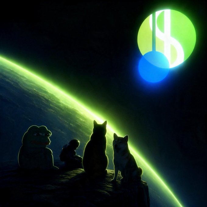A digital artwork showing silhouettes of a stuffed frog, a small figure, and two dogs sitting on a cliff against a glowing green planet, with a green and blue logo featuring the letter 'B' in the sky.