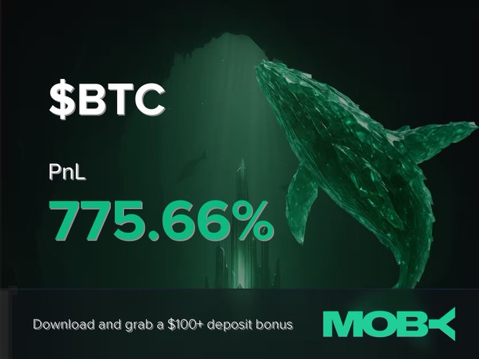 Promotional graphic for Moby Mobile highlighting a trader's $BTC position win with a 775.66% PnL, featuring a whale illustration and a $100+ deposit bonus offer.