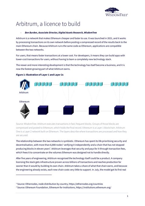 WisdomTree research document titled 'Arbitrum, a licence to build' by Ben Burden, including a diagram illustrating Arbitrum's Layer 1 and Layer 2s architecture.