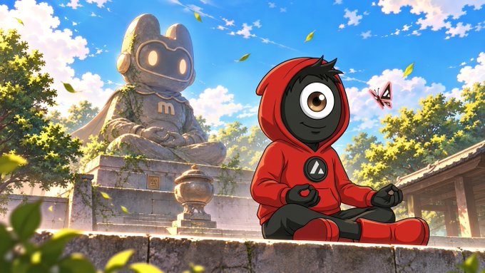 Anime-style illustration of a character with a single eye in a red hoodie meditating beside an ancient M&M-themed statue under a bright sky.