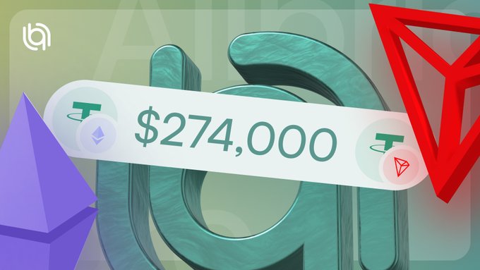 A graphic displays a crypto-related figure with the amount '$274,000' shown in the center alongside Ethereum and Tron logos.