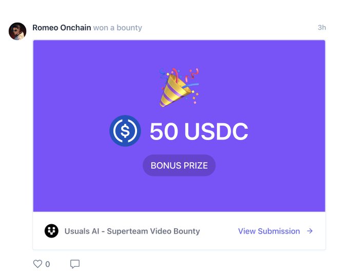 A social media post from "Romeo Onchain" announcing winning a 50 USDC bonus prize from the "Usuals AI - Superteam Video Bounty." The celebratory message references the $50 shown in the image and contemplates using it to buy $SOL or $JUP.