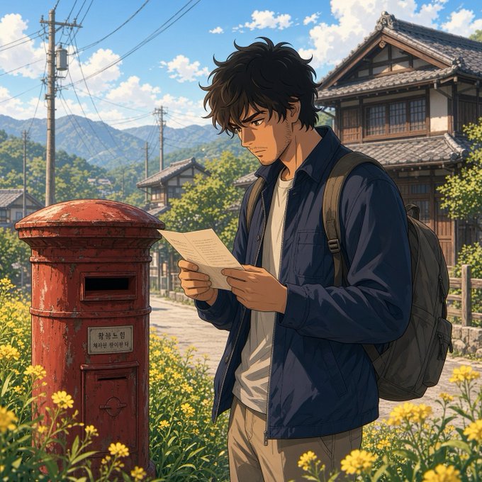 An anime-style illustration of a young man with messy dark hair reading a letter next to a weathered red Japanese mailbox in a rural village setting.