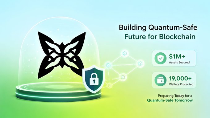 The image shows a poster or banner featuring two black butterfly wings against a blue background, with text that says "Building Quantum Safe Future for Blockchain". There are other pieces of information about blockchain and digital security presented on this poster as well. The poster also includes an image of two butterfly wings and the words "quip network" below them. This poster is likely promoting or educating people about the importance of cryptocurrency and blockchain security, specifically regarding quantum computing's potential impact on the industry.