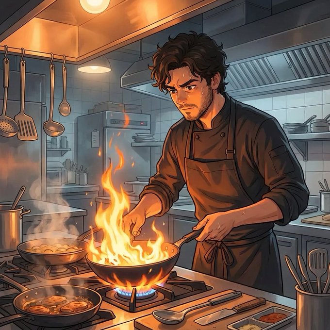 The image features a man cooking food, specifically frying something in a pan that has fire underneath it. The man appears to be wearing an apron while he cooks. There are several spoons placed around him, indicating that they might be used for stirring or serving the food. A cup is also visible on one side of the scene.