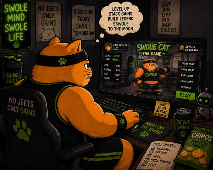 A muscular orange cat wearing a headband and tank top sits at a gaming computer with the screen displaying 'SWOLE CAT - THE GAME' menu, surrounded by motivational posters reading 'SWOLE MIND SWOLE LIFE', 'NO JEETS ONLY GAINS', and 'DISCIPLINE TODAY SWOLE TOMORROW'.
