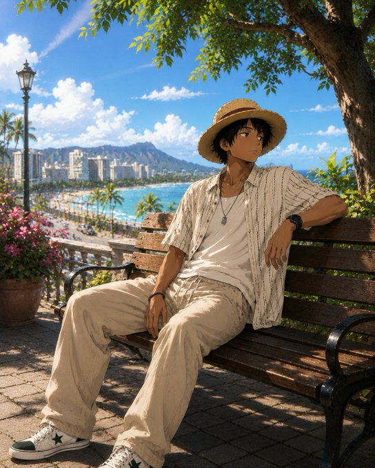 An anime-style illustration of a young man in a straw hat, striped shirt, and loose pants sitting on a bench overlooking a tropical coastal city with Diamond Head in the background.