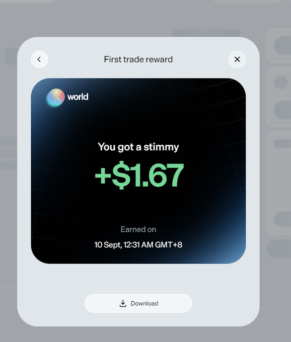 The image shows a "First trade reward" pop-up from World (world), announcing a +$1.67 bonus earned on 10 Sept at 12:31 AM GMT+8. The small reward visually reinforces the poster's grateful message to @world_xyz, highlighting how even a modest "stimmy" made a meaningful impact worth publicly thanking them for.