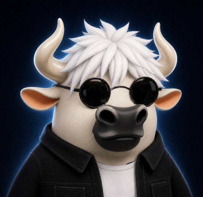A stylized anthropomorphic bull character with white spiky hair, round black sunglasses, and a black denim jacket poses against a dark blue background. The image appears to be a mascot or avatar associated with the "$ANSEM" ticker mentioned in the post.