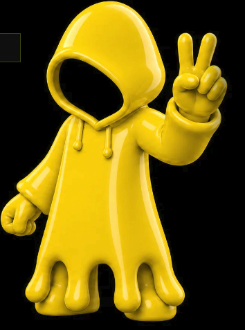 A glossy yellow 3D character in a hooded robe with a face-less void makes a peace sign gesture against a dark background.