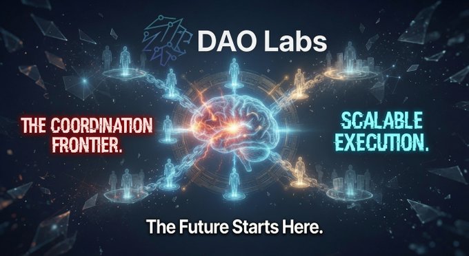A promotional banner for 'DAO Labs' featuring a glowing brain and human figures, with text reading 'THE COORDINATION FRONTIER', 'SCALABLE EXECUTION', and 'The Future Starts Here.'