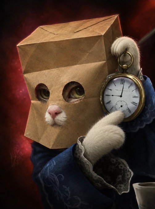 A surreal digital artwork of a white cat wearing a brown paper bag over its head, dressed in a blue vintage garment while holding an antique pocket watch.