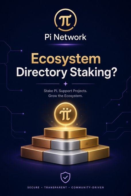 A dark blue promotional graphic for 'Pi Network' with the text 'Ecosystem Directory Staking?' and 'Stake Pi. Support Projects. Grow the Ecosystem.', featuring a 3D illustration of a gold Pi coin on stacked gold and silver bars.