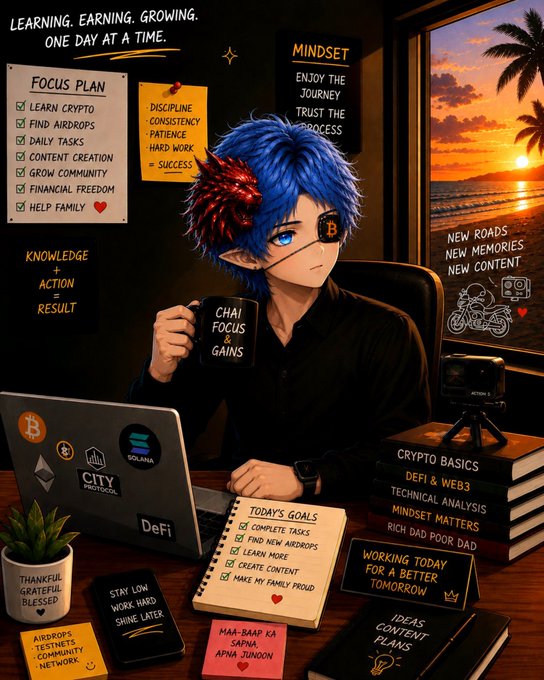 An anime-style illustration depicts a blue-haired character working at a laptop surrounded by motivational notes about crypto, including 'FOCUS PLAN' with tasks like 'LEARN CRYPTO' and 'FIND AIRDROPS,' and books labeled 'CRYPTO BASICS' and 'DEFI & WEB3.'