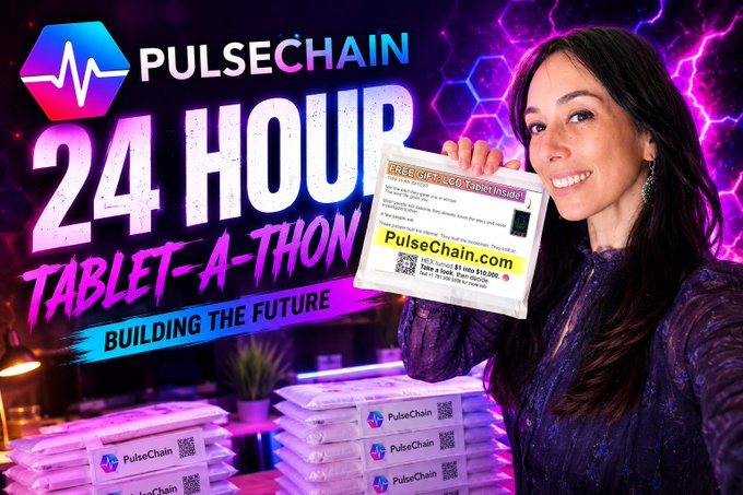 A smiling woman holds up a PulseChain tablet alongside stacks of branded "PulseChain" boxes in front of a vibrant promotional banner reading "PULSECHAIN 24 HOUR TABLET-A-THON - BUILDING THE FUTURE," directly promoting the 24-hour live streaming event mentioned in the post, with the tablet displaying a free gift offer (Limit 4, $10 USD) at PulseChain.com.
