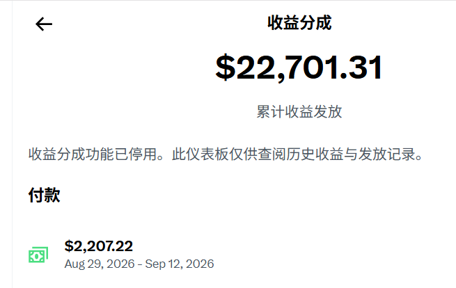 A screenshot showing Chinese text for "Revenue Sharing" (收益分成) with a cumulative payout of $22,701.31 and a recent payment of $2,207.22.