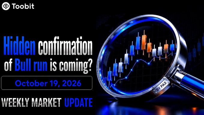 A promotional graphic for Toobit with a magnifying glass over a stock chart, reading 'Hidden confirmation of Bull run is coming? October 19, 2026' and 'WEEKLY MARKET UPDATE'.