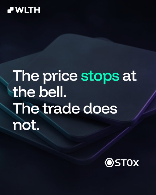 The image features a dark, layered card-like design with the WLTH and ST0X logos, displaying the text "The price stops at the bell. The trade does not." This reinforces ST0x's positioning as a tokenized equities DeFi platform, suggesting that unlike traditional stock trading which halts when markets close, ST0x enables continuous, around-the-clock trading of regulated equities on the blockchain.