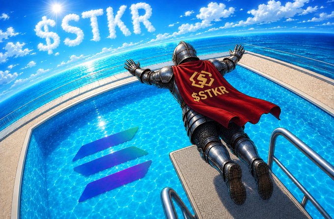 A promotional image for $STKR featuring a knight in armor with the $STKR logo on its red cape, standing at the edge of an infinity pool overlooking the ocean, with the Solana logo visible below.