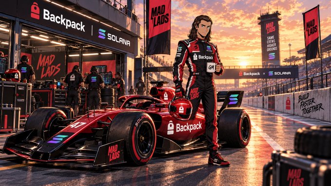 A stylized F1 driver in red-and-black Backpack/Solana racing gear stands beside a race car marked "MAD LADS," "#17," and "Backpack," with pit crew and "GM" banners in the background—visually echoing the post's announcement that Backpack wallet now runs Solana v1, framed as "same car, fewer hops."