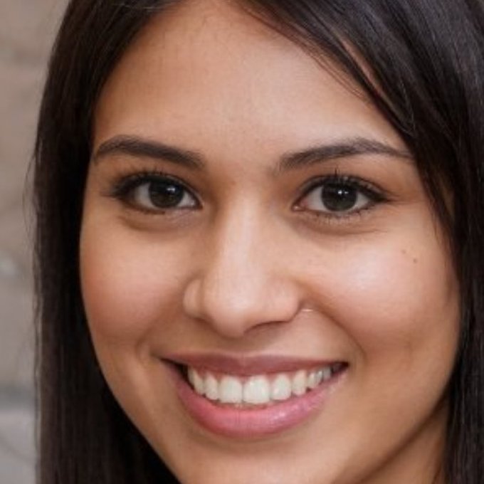 A close-up portrait of a smiling young woman with long dark hair.