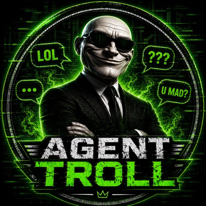 The image features a man wearing sunglasses and a mask with a suit and tie, standing against a black background. The text "Agent Troll" is written above him, indicating his identity as an Agent Troll character from the movie "Troll". The surrounding elements in the image include speech bubbles containing various words such as "LOL", "U MAD?", and "?". These speech bubbles are scattered around the man's face, adding to the overall atmosphere of the scene.