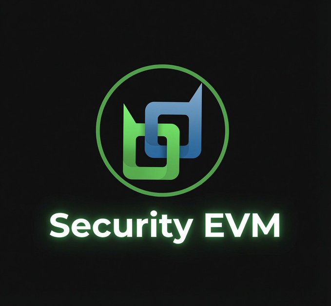 A logo for 'Security EVM' featuring a green and blue interlocking chain or shield design within a circle, on a black background.