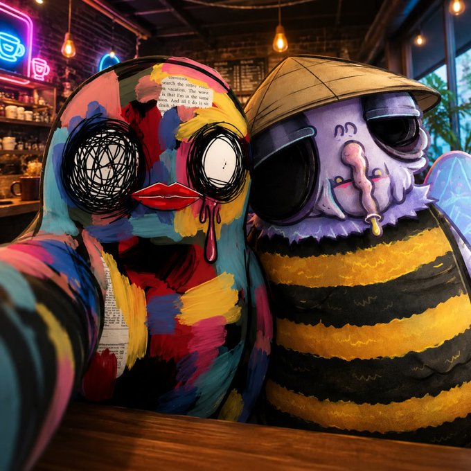 Two figures wearing elaborate, colorful handmade costumes—one resembling a colorful doll with scribbled eyes and red lips, the other a bee-like creature with sunglasses and a hat—posed together in a neon-lit room.