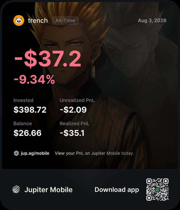 The image shows a Jupiter Mobile portfolio card for "trench" dated Aug 3, 2026, displaying significant losses including -$37.2 (-9.34%) all-time, -$35.1 realized PnL, and -$2.09 unrealized PnL on an investment of $398.72. The post warns about the "red part" of trenching and gambling, which the image visually reinforces by showing how the user's investments have turned into substantial losses displayed in red text.