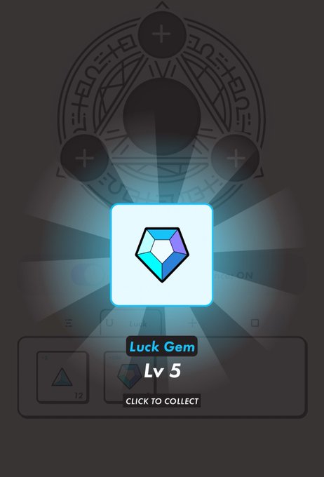 A glowing "Luck Gem Lv 5" collectible appears on a dark, rune-inscribed game interface with a "CLICK TO COLLECT" prompt, set against a mystical geometric emblem. This relates to the STEPN post, where the player shares luck gems earned after a rare winning streak in Bonanza, preparing to acquire a P-country Mystery Box 7.