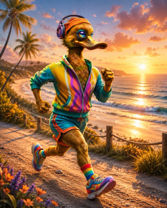 Vibrant illustration of an anthropomorphic duck wearing colorful athletic wear, headphones, and rainbow-striped socks while jogging on a beach path at sunset.